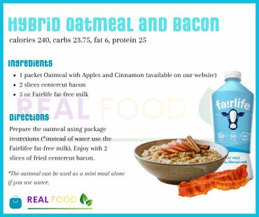 Recipe for hybrid oatmeal and bacon with calorie and protein info.