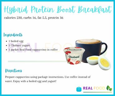 Recipe for a Hybrid Protein Boost Breakfast with egg, yogurt, and cappuccino.
