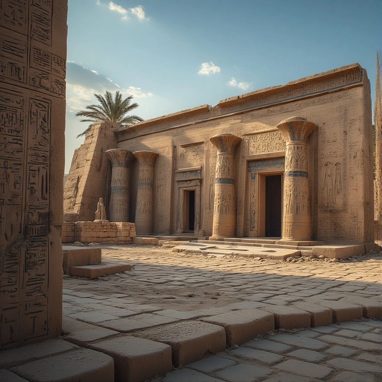 The Porchway of an Ancient Egyptian Temple casting shadows in the afternoon sunlight