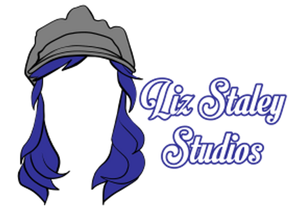 Liz Staley Studios logo long blue hair with hat