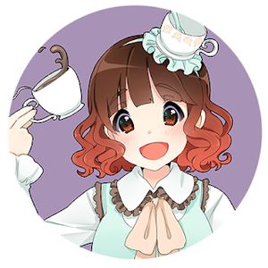 Kara Dennison avatar - Kara as an anime character with a teacup shaped hat and teacup in hand