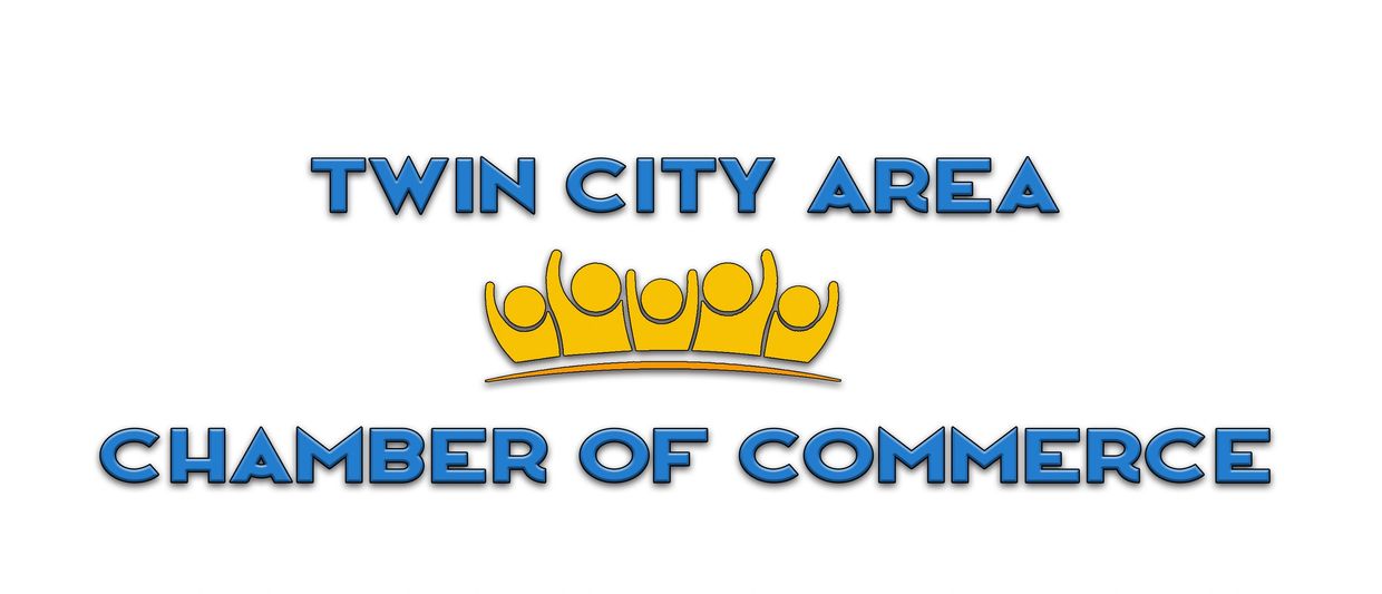 Logo of Twin City Area Chamber of Commerce with blue text and yellow figures.