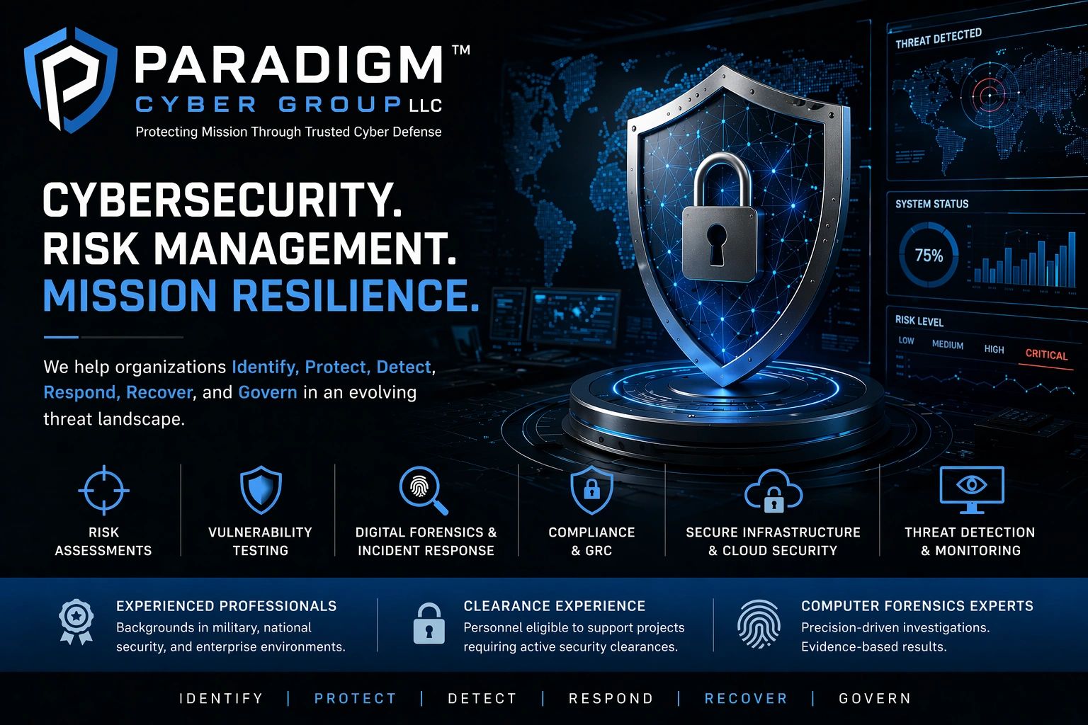 Cybersecurity and risk management services from Paradigm Cyber Group with a focus on mission resilience.