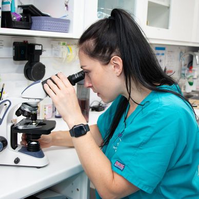 Sue looking down a microscope wearing a green tunic