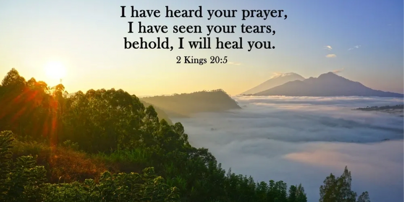 Sunrise over misty mountains with a comforting Bible verse from 2 Kings 20:5.
