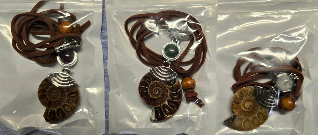 Three fossil shell necklaces with leather cords, each in plastic packaging.