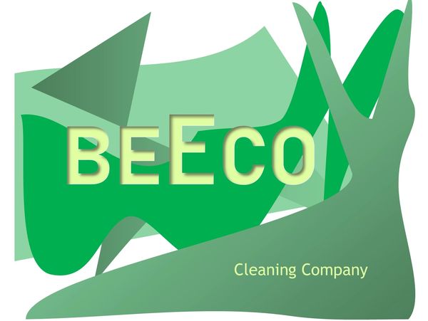 Logo for BE Eco Cleaning Company with green abstract shapes.