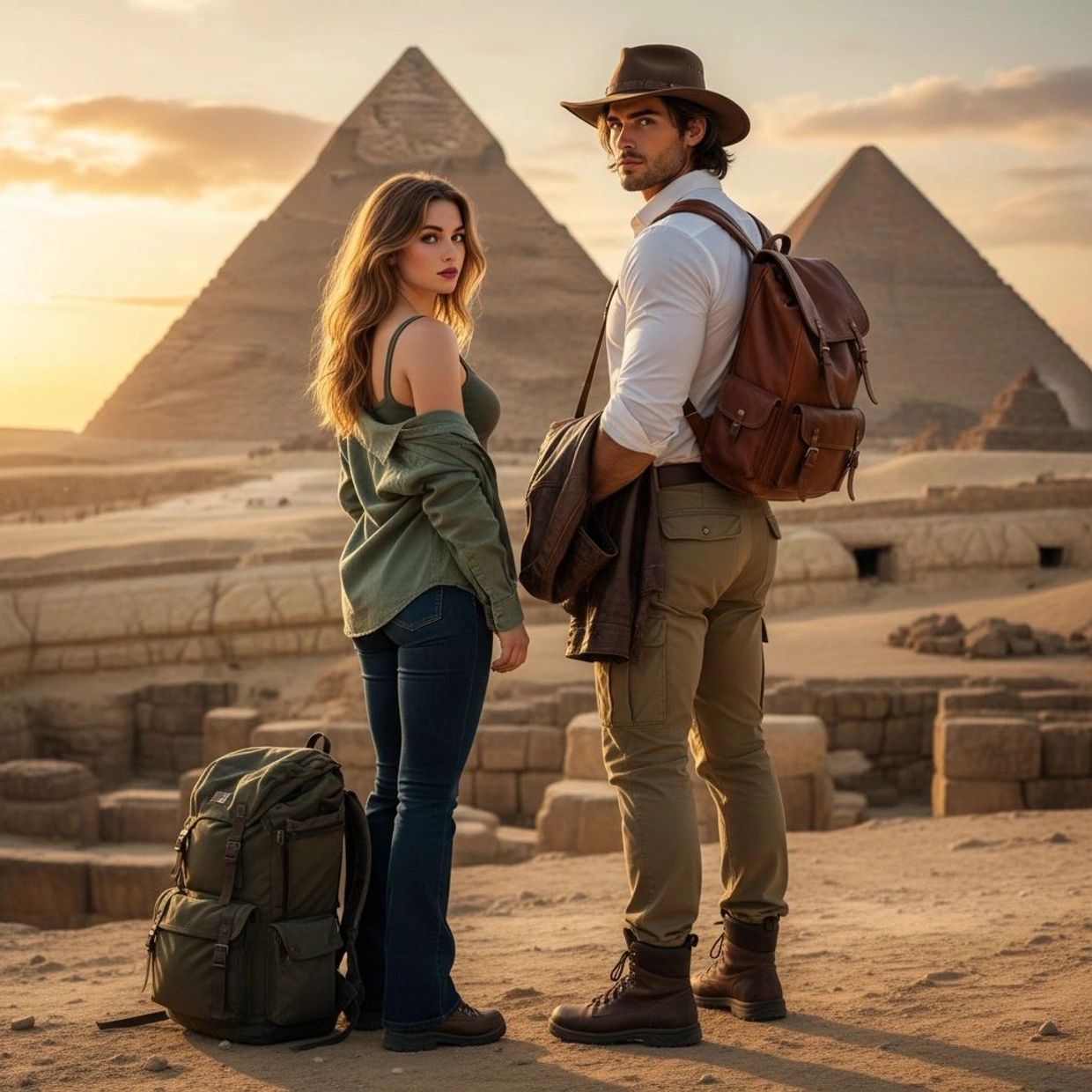 Two travelers stand in front of the pyramids at sunset, ready for adventure.