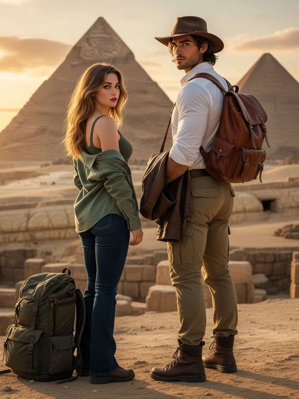 Couple exploring the pyramids at sunset, dressed in adventure gear.