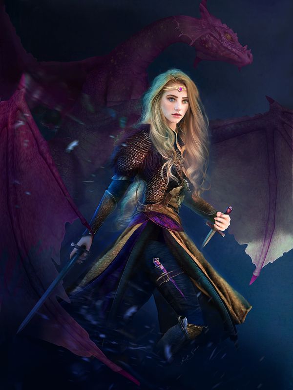 A fierce warrior woman stands ready with a sword and dagger, a large purple dragon behind her.