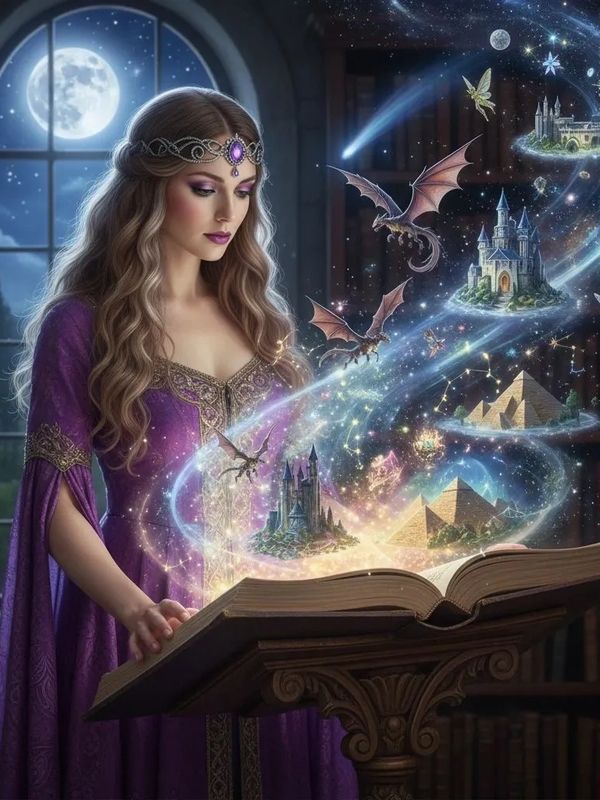A mystical woman in purple reads a magical book with dragons and castles.