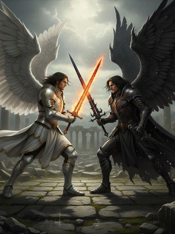 Angel and dark warrior with flaming swords clash amid ancient ruins.