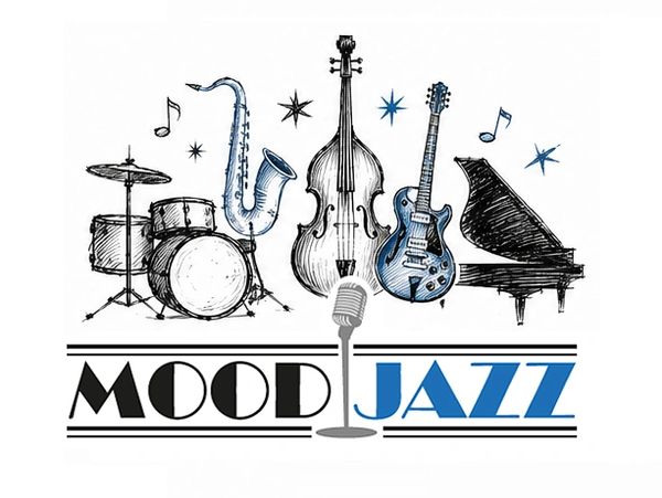 Illustration of jazz instruments with 'Mood Jazz' text and musical notes.