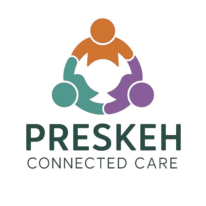Logo with three interconnected figures and text "PRESKEH CONNECTED CARE". Preskeh logo means 'almost family',  belonging, connection, and growth for neurodiverse kids and teens in Toronto.