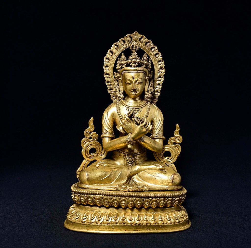 VAJRADHARA Tashi Lhunpo Monastery Central Tibet 17th century gilt bronze
金剛總持本初佛西藏中部紮西倫布寺十七世紀鎏銅金東寶齋