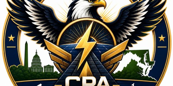 A bold emblem featuring an eagle, lightning bolt, and iconic Washington landmarks.