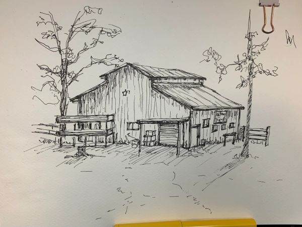 Pen sketch of a barn with trees.