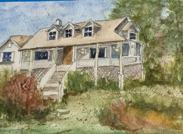 Watercolor painting of a house with trees and shrubs.