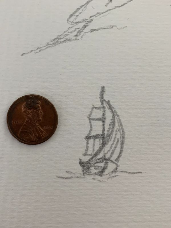 Small pencil sketch of a sailboat next to a penny.