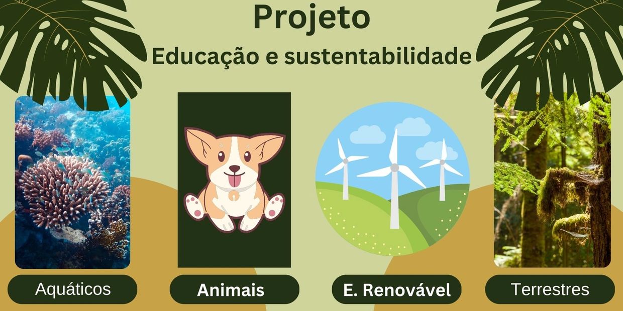 Projeto sobre educação e sustentabilidade com foco em ecossistemas aquáticos, animais, energia renovável e ambientes terrestres.