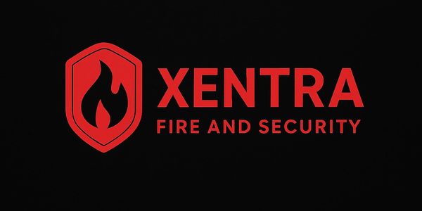 Xentra Fire and Security logo with red flame shield on black background.