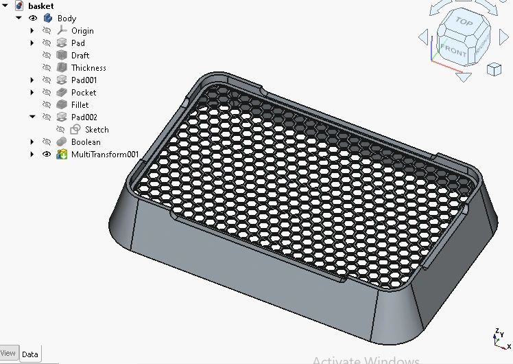3D CAD model of a rectangular basket with a honeycomb-patterned base.