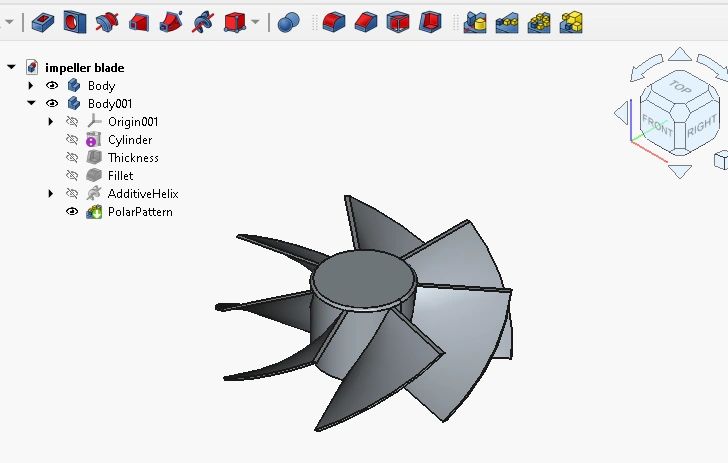3D CAD model of an impeller blade with multiple curved blades.
