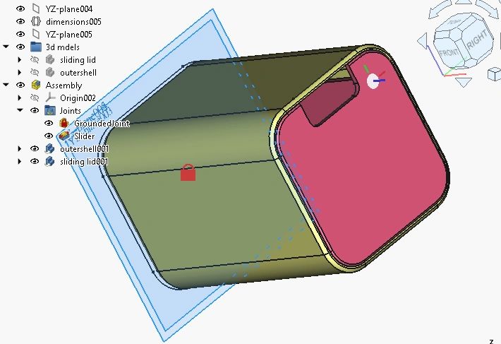 3D CAD model of a rectangular box with a sliding lid and assembly joints.