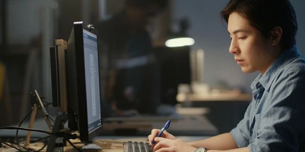 A man working intently at his computer in a dimly lit office.