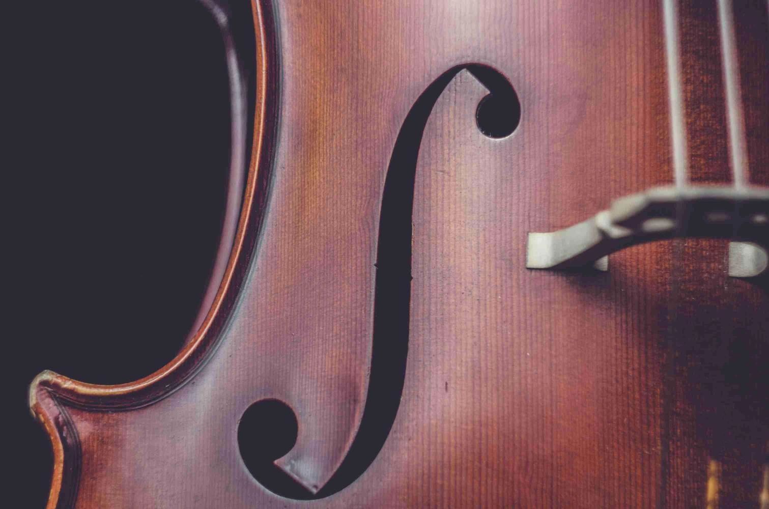 Close-up of a violin's f-hole and wooden body.