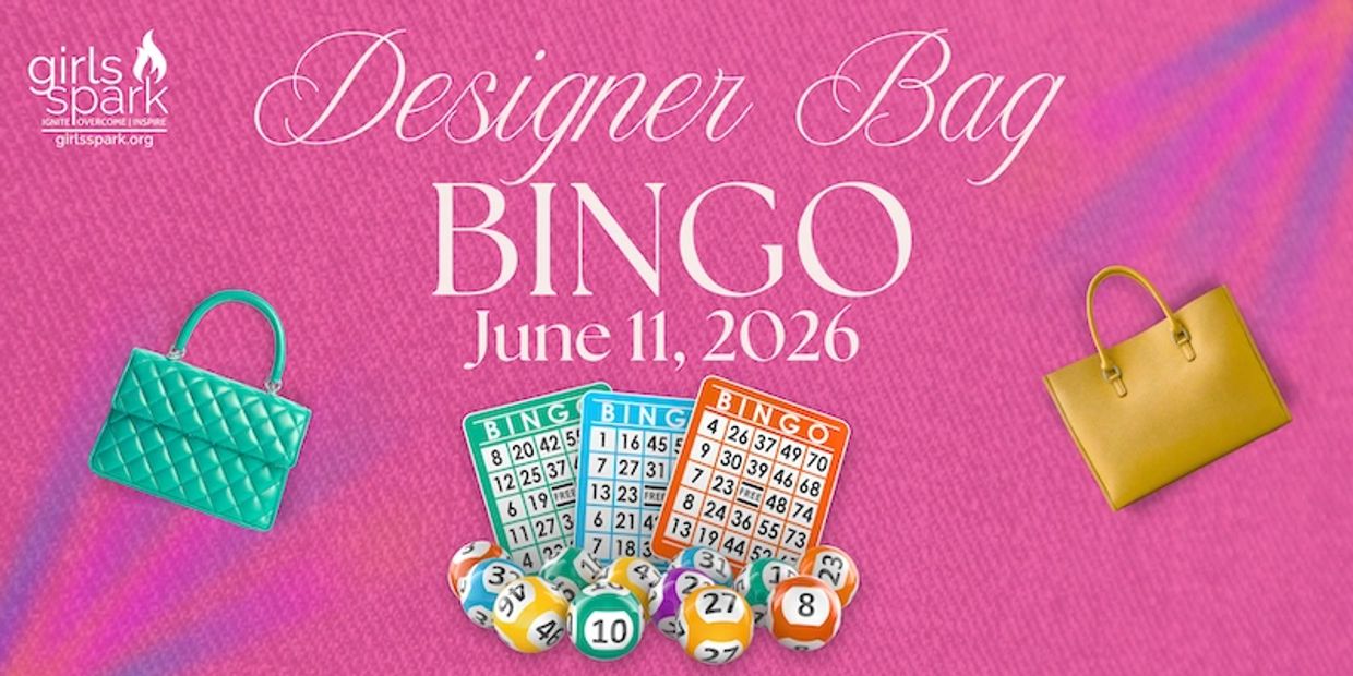 Designer Bag Bingo event on June 11, 2026, with colorful bags and bingo cards.