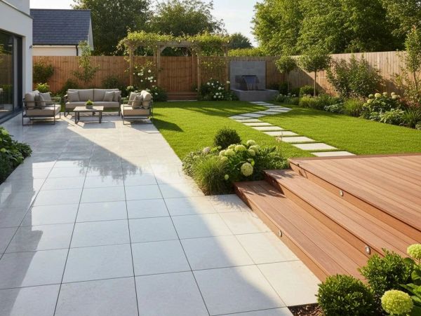 Modern backyard with patio seating and lush green lawn.