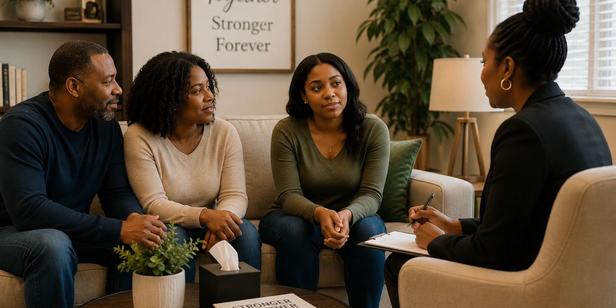 Family counseling session with therapist in cozy living room.