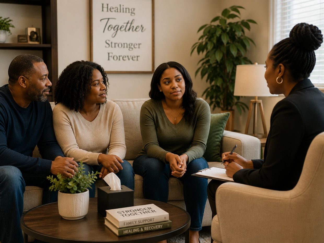 Family counseling session with therapist in cozy living room.