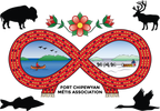 Metis flag with a red infinity symbol, central flower, canoes, landscapes, and animal silhouettes.