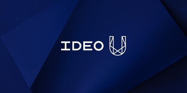 IDEO U logo on a dark blue background with shapes, showing commitment to innovative strategy.