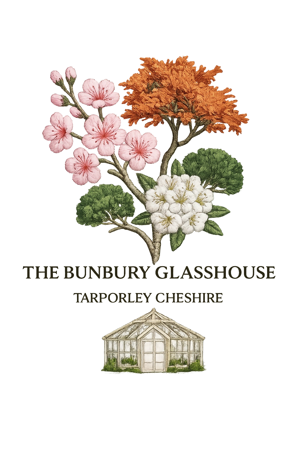 Illustration of flowers and greenhouse with text for The Bunbury Glasshouse, Tarporley Cheshire.