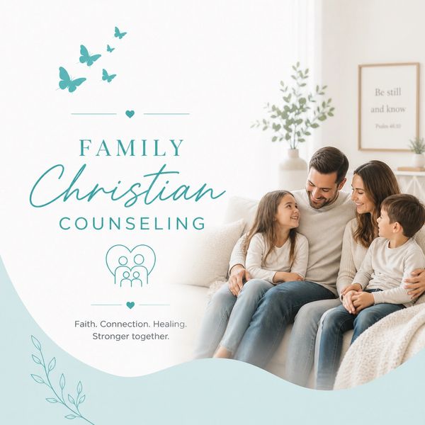 Happy family sitting together promoting Christian counseling.
