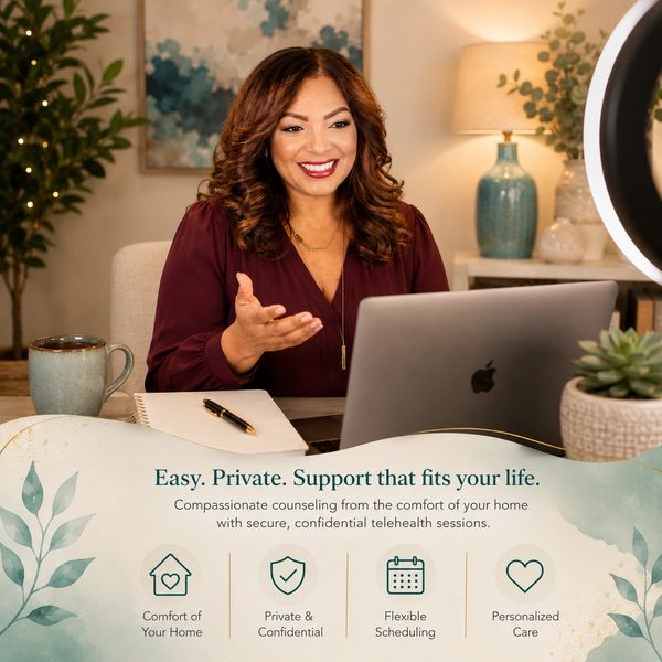A woman engaged in a warm telehealth counseling session from home.