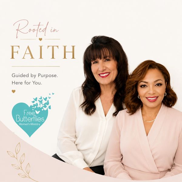 Two women smiling with faith-based women's ministry message.