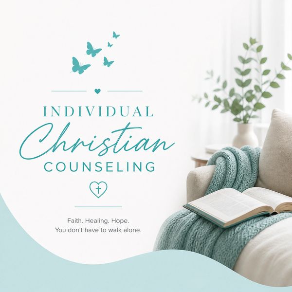 Individual Christian counseling advertisement with cozy setting.