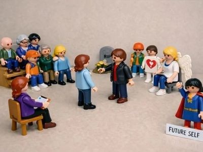 Playmobil figures depicting a therapy session with a 'Future Self' character.