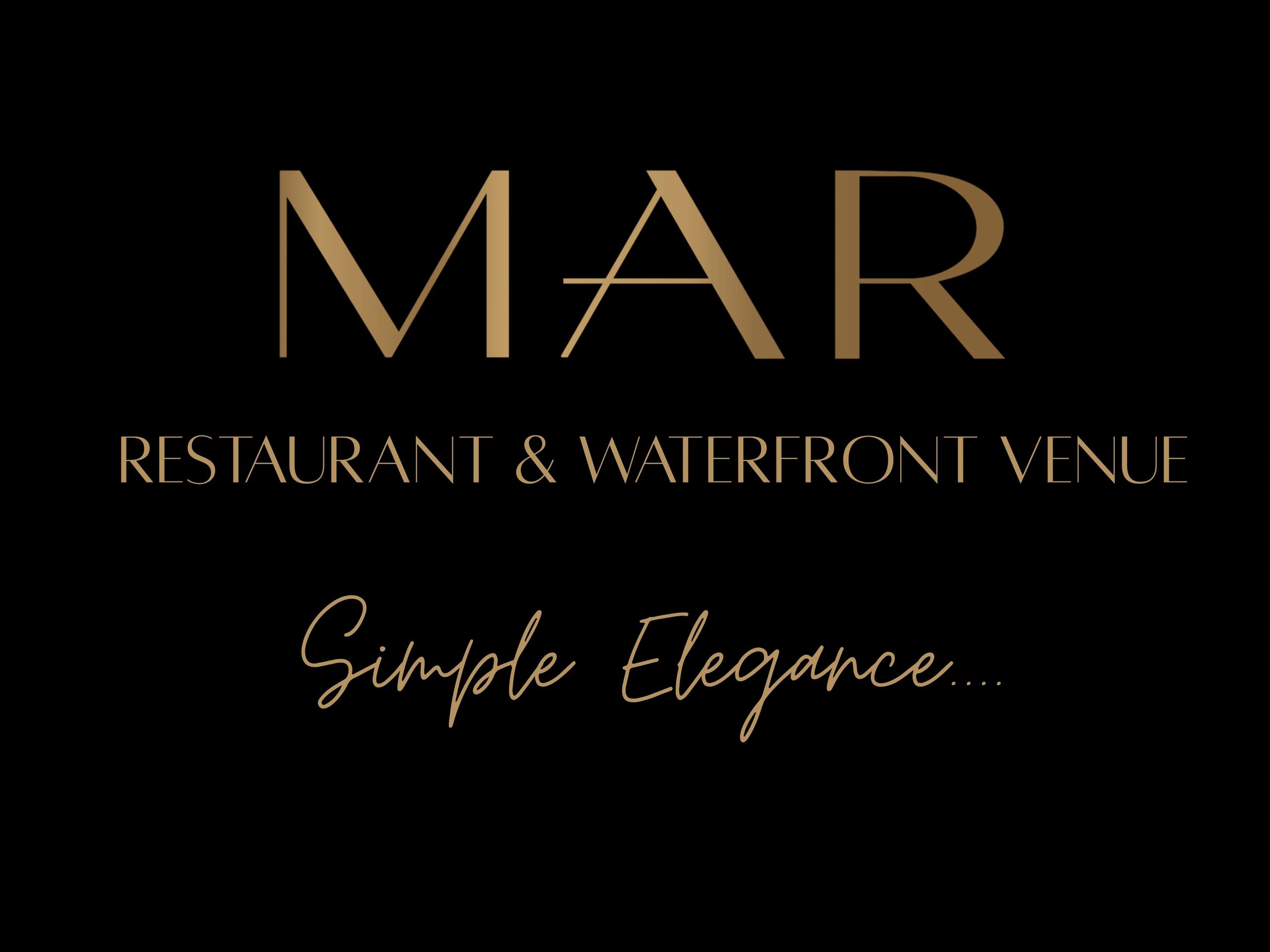 Elegant logo for MAR, a restaurant and waterfront venue with the tagline 'Simple Elegance.'