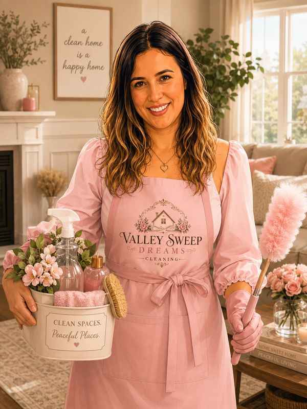 Smiling woman in pink apron holding cleaning supplies and duster.