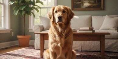Golden retriever sitting attentively in a cozy living room.