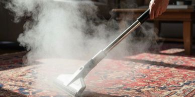Person steam cleaning a patterned carpet indoors.