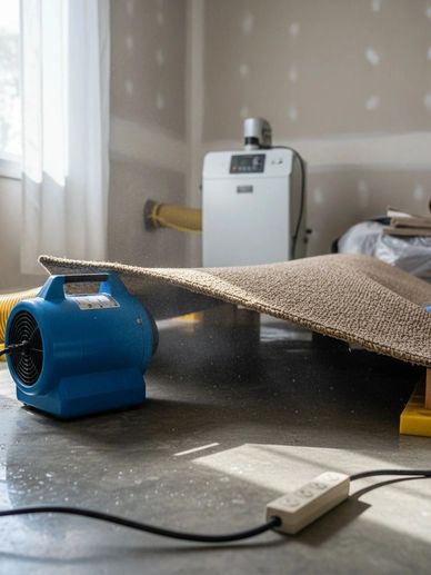 Air blower drying carpet in a room under renovation.