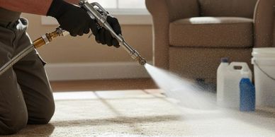 Person cleaning carpet using a spray tool indoors.
