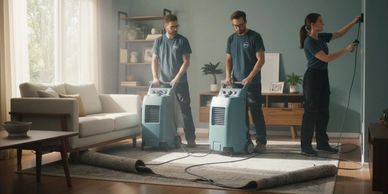 Three professionals using equipment to clean a carpet in a living room.