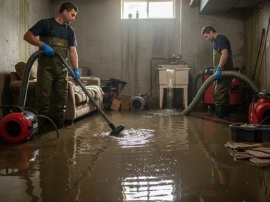 Two men use vacuum cleaners to remove water from a flooded basement.
